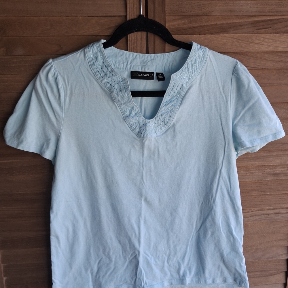 Rafaella Pale Blue Embroidered V-Neck Short Sleeve Tee